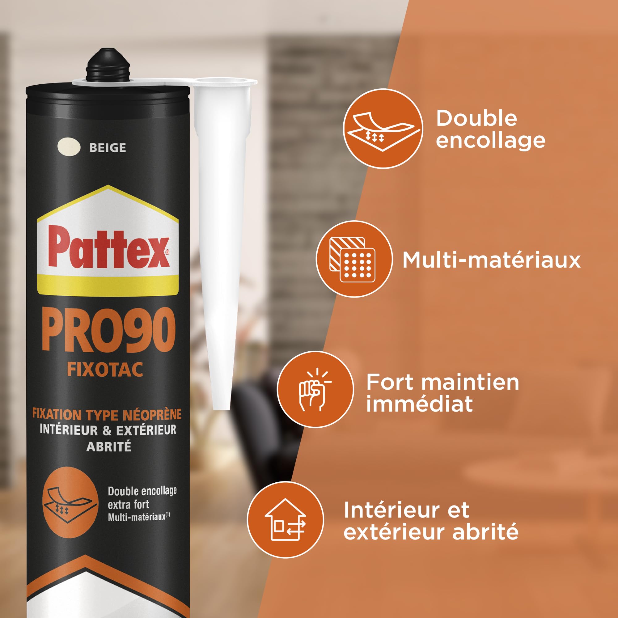 Pattex PRO90 Fixotac, Colle de Fixation Type Néoprène, tous Support, Intérieur et Extérieur, Beige, Cartouche de 350 G (Lot de 5)