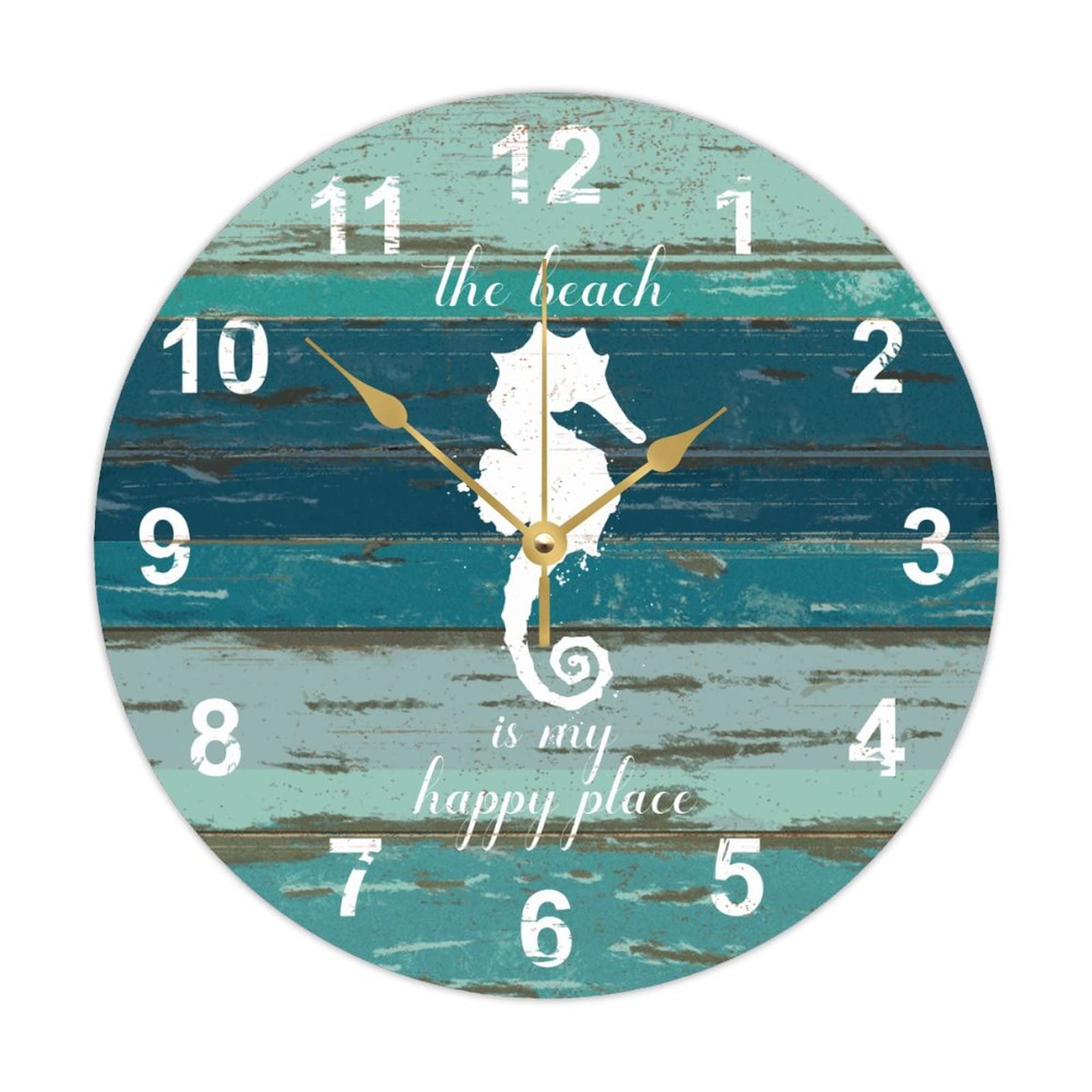 Horloge murale en bois bord de mer avec motif hippocampe et phrase plage