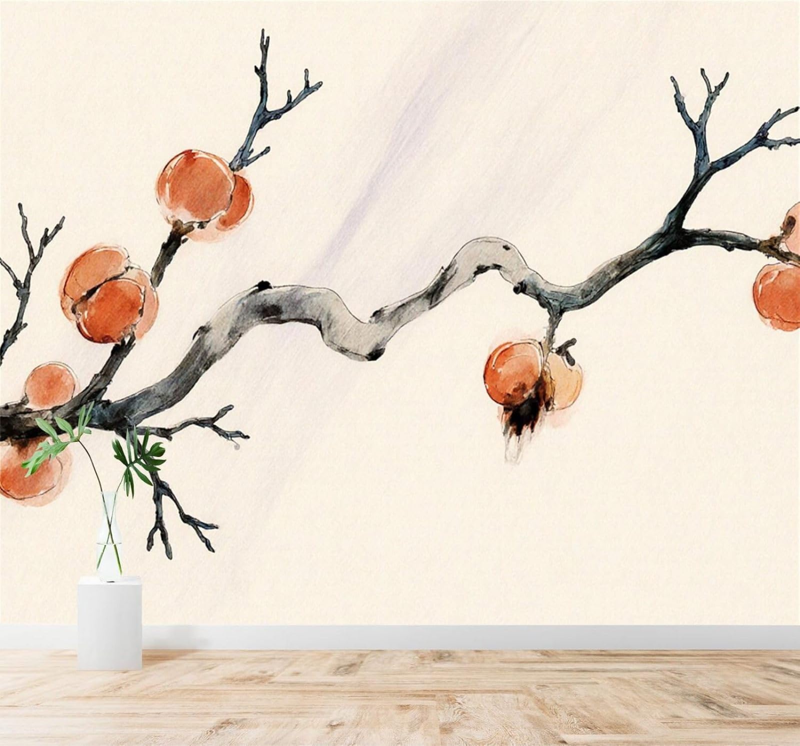 Xlming 250Cm×170Cm(B×H) Watercolour Persimmon Branch Minimalist Ink Art 3D Wallpaper Silky Texture Home Study Office Grey Dining Room Sofa Bedroom Living Room Tv Backdrop-250Cm×170Cm