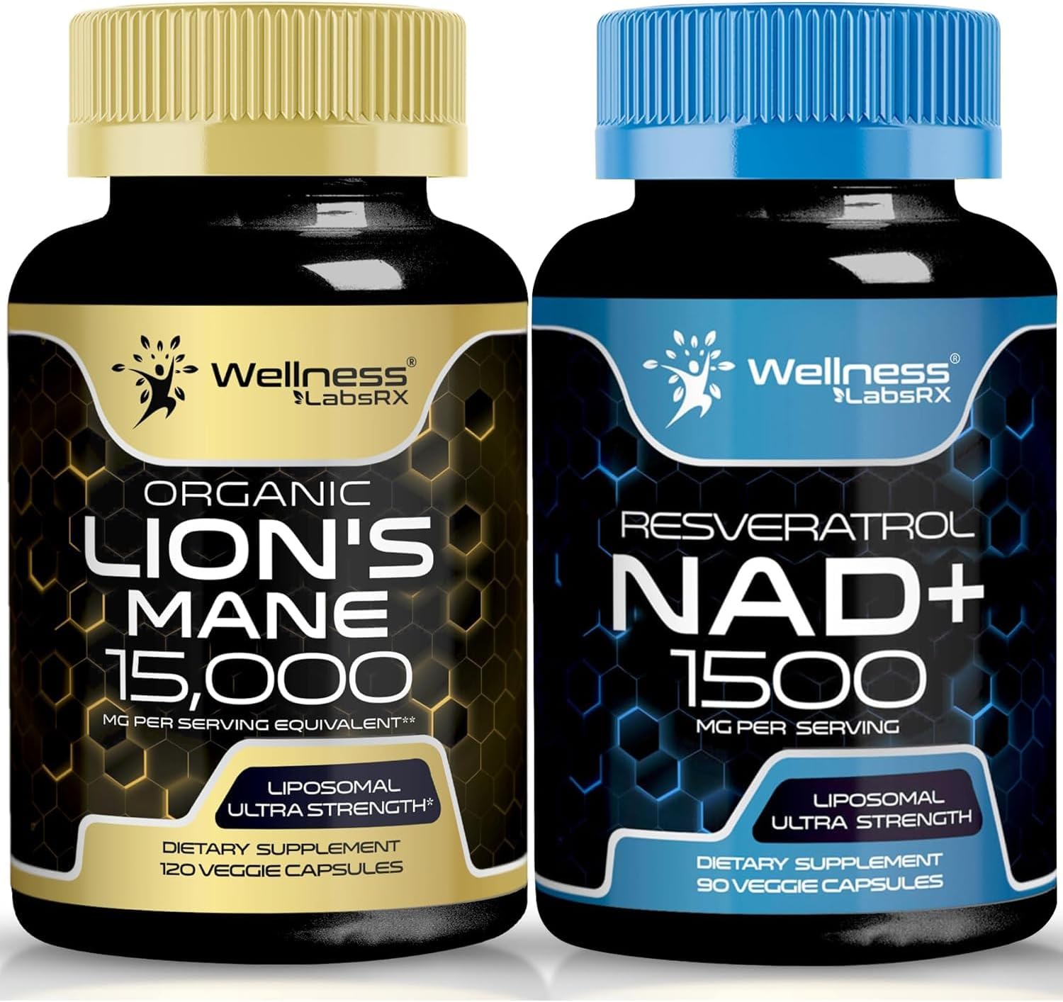 WELLNESS LABSRX Lions Mane Supplement Capsules - 120 Count - Mushroom Supplement, Brain Supplements for Memory and Focus │ NAD Supplement, 1500mg - Liposomal NAD+ Supplement with Resveratrol | Bundle