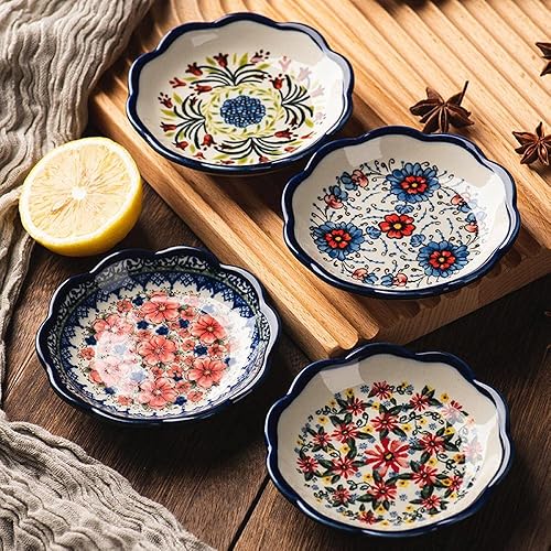 Miniatura 3 de Sizikato 4 platos de porcelana para aperitivos, platillo de inmersión de salsa de aperitivos de 4 pulgadas, patrón de flores exóticas