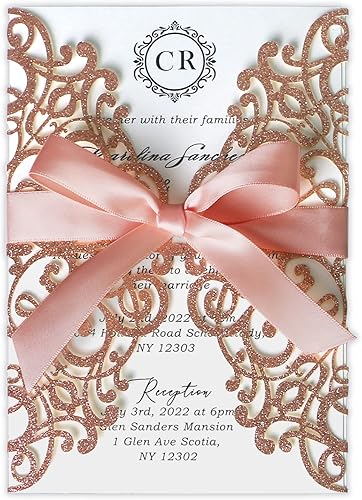 Ponatia - 25 tarjetas de invitación cortadas con láser de 5.12 x 7.1 pulgadas con sobres para bodas, fiestas de compromiso, cumpleaños, dorado rosa