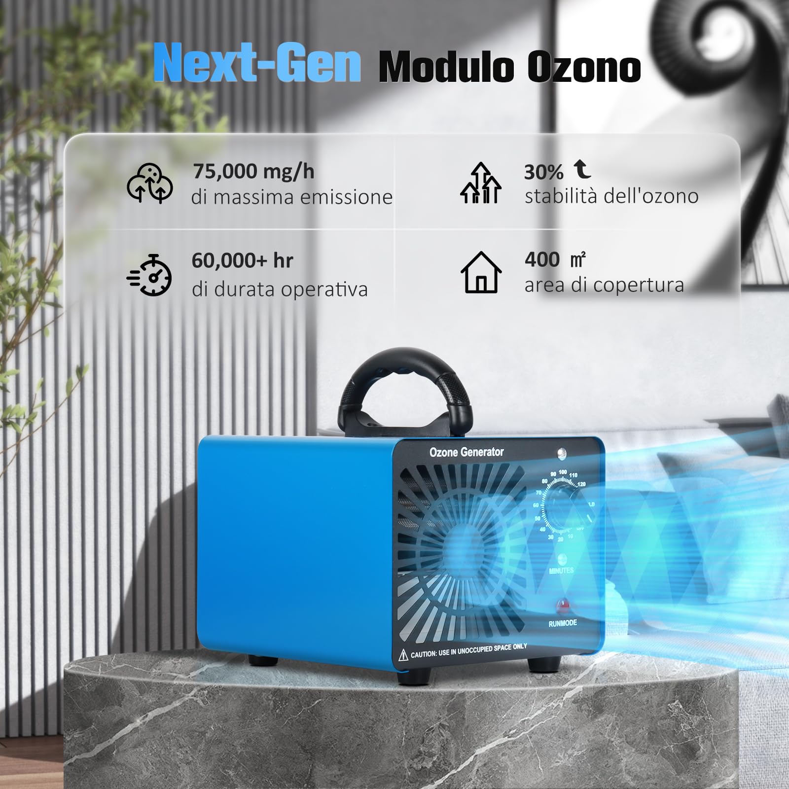 Generatore di Ozono Professionale 75000mg/H, GMGXX 0-400㎡ Ozonizzatore Purificatore d'Aria Ozono,Timer 120 Min, Macchina Ozono per Casa Ambienti e Auto, Blu, OG-75