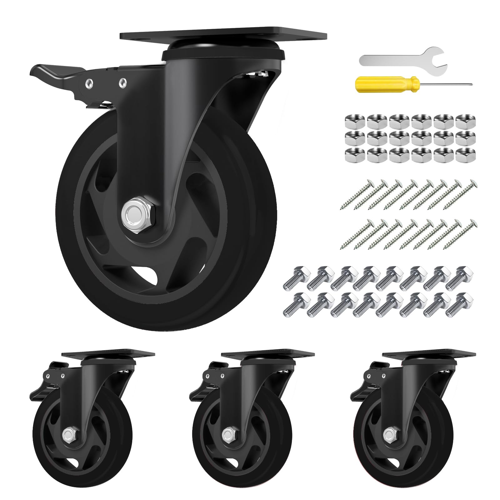 4" Caster Wheels,Caster Set of 4, Jinfutou Heavy Duty Casters with Brake, No Noise Locking Casters with Black Polyurethane (PU) Wheels, Swivel Plate