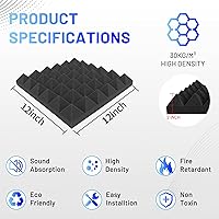 Vista 6 de Focusound Paquete de 36 paneles de espuma acústica piramidal, paneles de espuma acústica de 12 x 12 x 2 pulgadas con paneles autoadhesivos