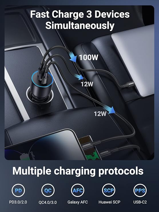 حزمة Ugreen: شاحن سيارة Usb-c بقوة 130 وات + كابلين Usb-c بقوة 100 وات