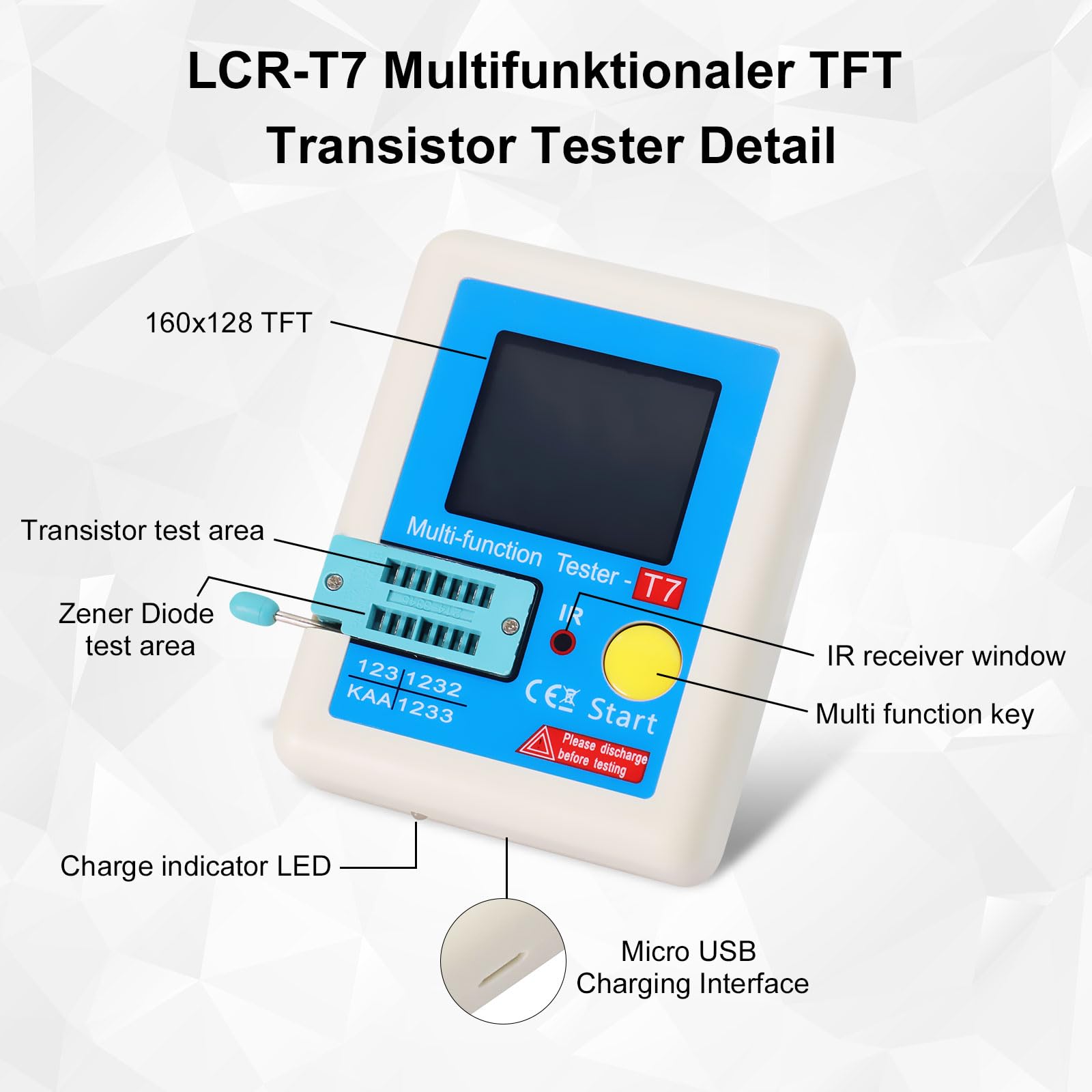 LCR-T7 Testeur de transistors avec écran couleur TFT AYWHP LCR-TC7 Mètre de transistor pour diodes, triodes, condensateurs, NPN, PNP, MOSFET IR