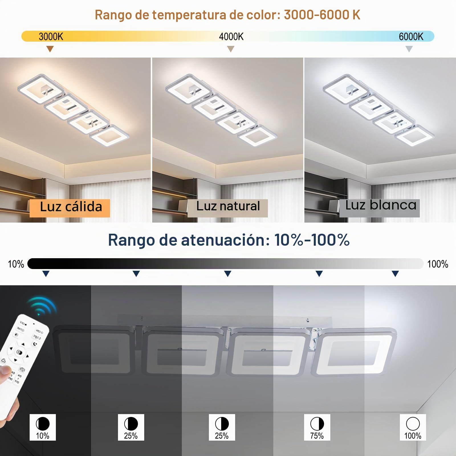 Lámpara de techo LED regulable (69 cm, con mando a distancia, 3000-6500 K, 4 cuadrados, plata, lámpara de techo para pasillo, comedor, dormitorio, oficina, cocina, salón