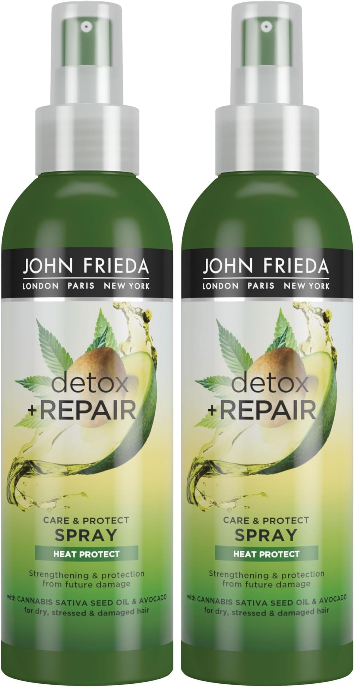 John Frieda Detox & Repair Care & Heat Protect Spray für trockenes, gestresstes & geschädigtes Haar mit Avocadoöl und grünem Tee, 200 ml (Packung mit 2)