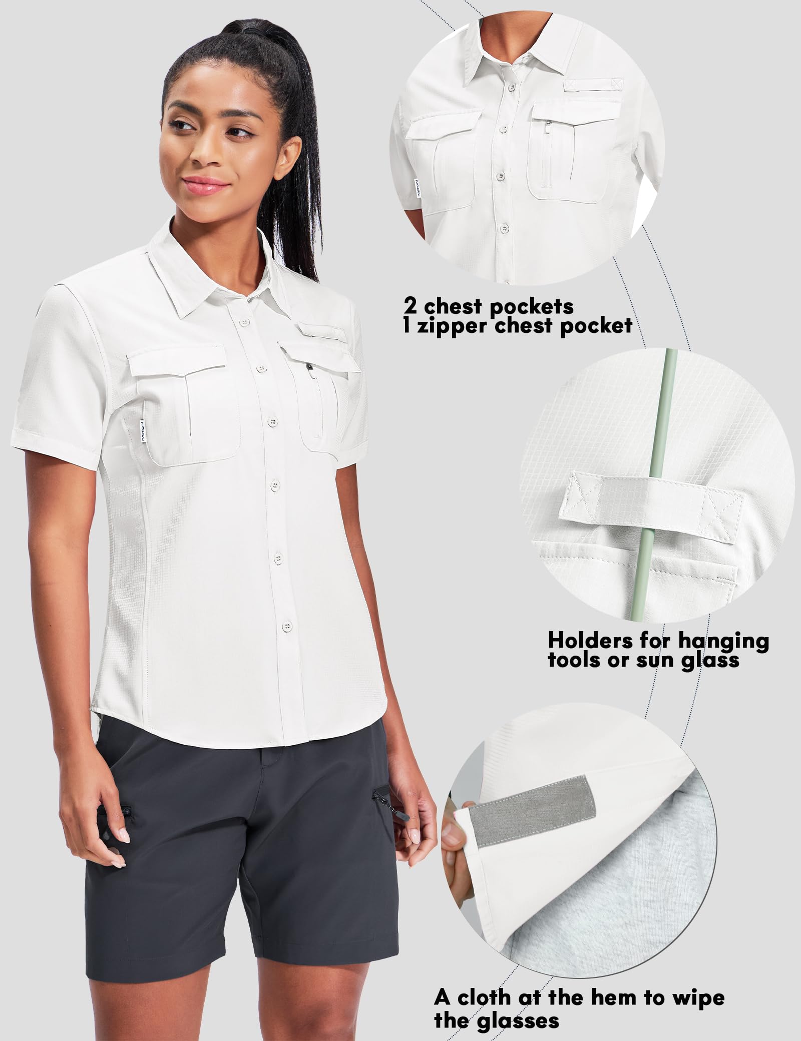 Haimont Hemdbluse Damen UPF50+ UV Schutz Outdoorhemd Atmungsaktiv Schnelltrocknend Safari Hemd Kurzarm Angeln Reisen Wander
