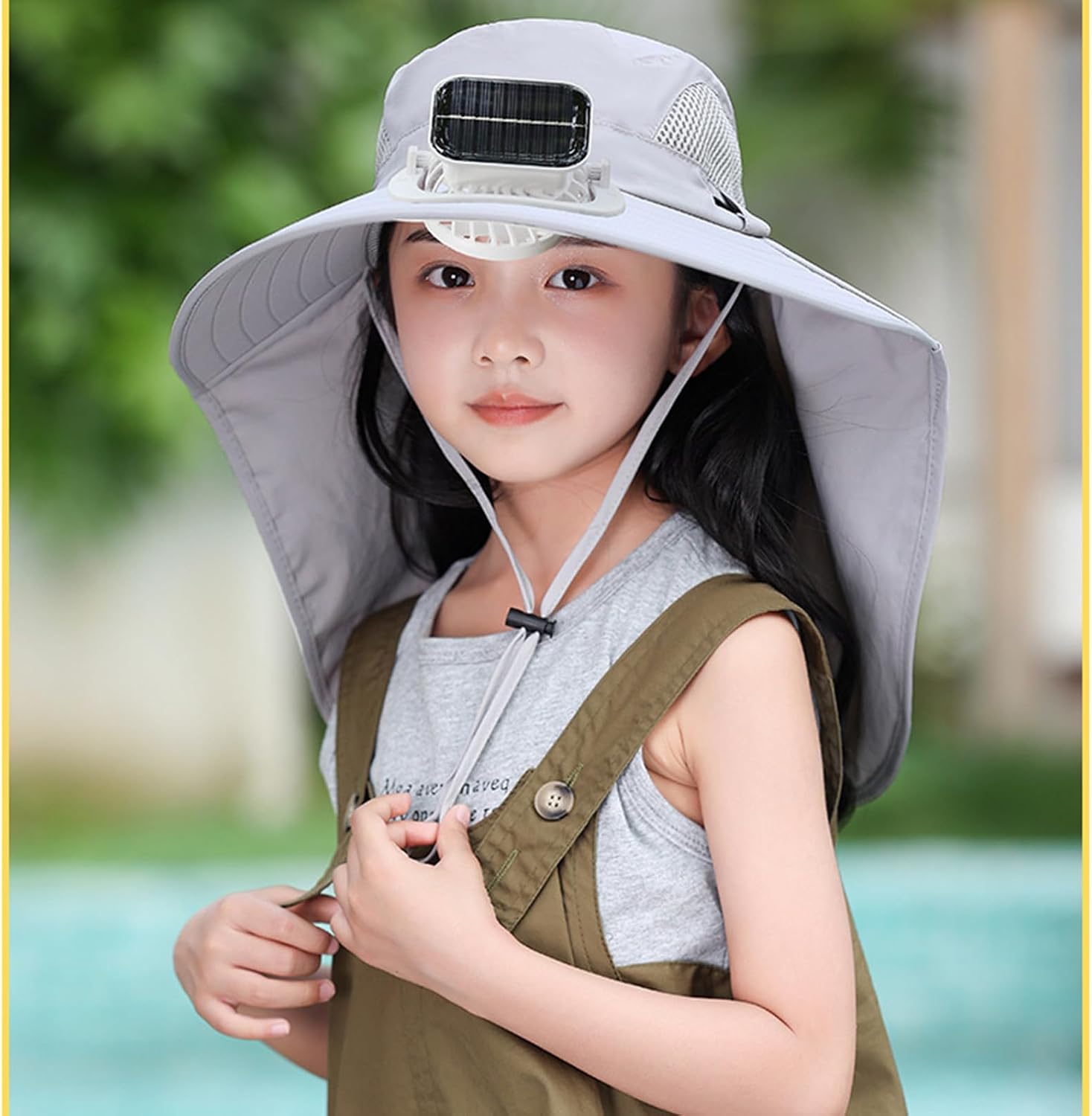 Solar Fan Hat with Neck Flap Sun Protective Wide Brimmed Bucket with Rechargeable Cooling Fan for Outdoor Beach Outdoor Army Green