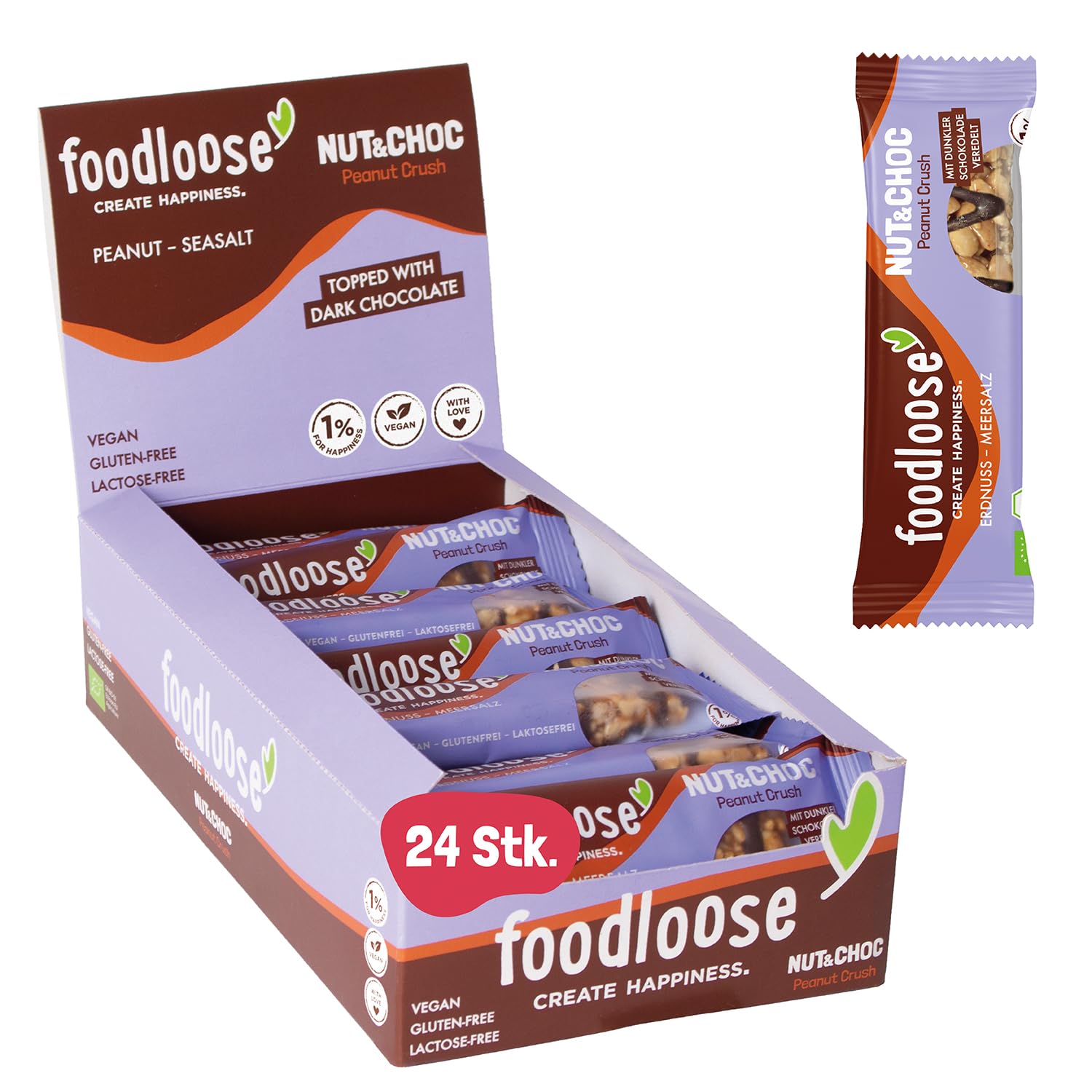 foodloose Bio-Nut&Choc Riegel Peanut Crush | Vegane, laktose- und glutenfreie Bio-Nussriegel ohne raffinierten Zucker | Dunkle Schokolade, Erdnuss & Meersalz | Vorteilspack (24 Riegel x 35g)