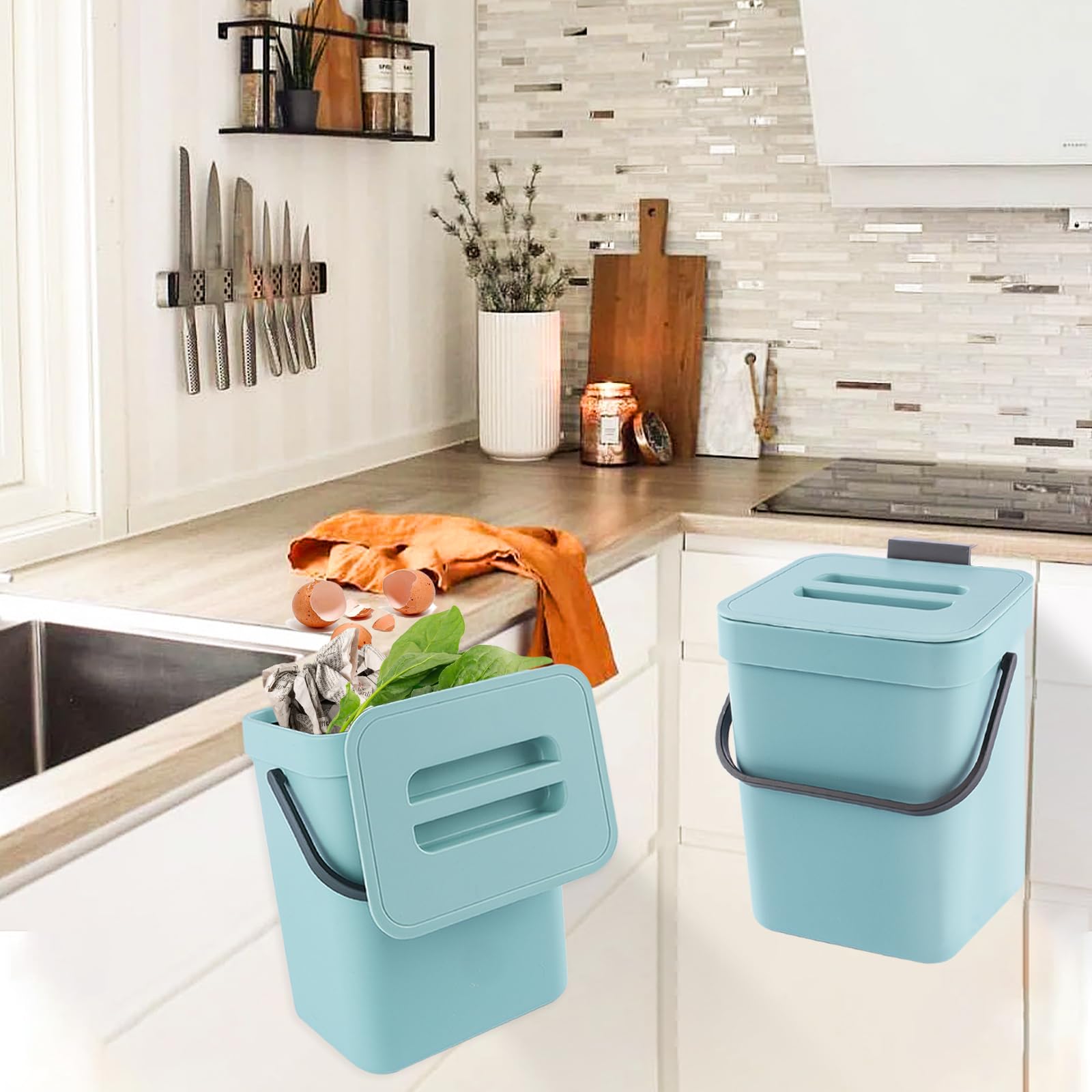 Secchio da Compost da Cucina Piccolo, Bidone della Spazzatura da Appendere, Biometro, Pattumiera per Piano di Lavoro, Contenitore con Coperchio, Compostiera, per Interni, 3 L, Blu.