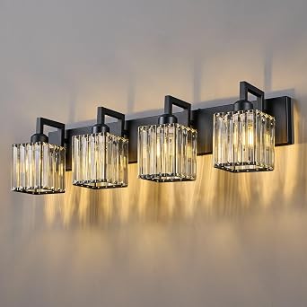 Black Bathroom Light Fixture, 4-Light Crystal Vanity Lighting, Bathroom Lighting Fixtures Over Mirror, Modern Crystal Wall Lamp