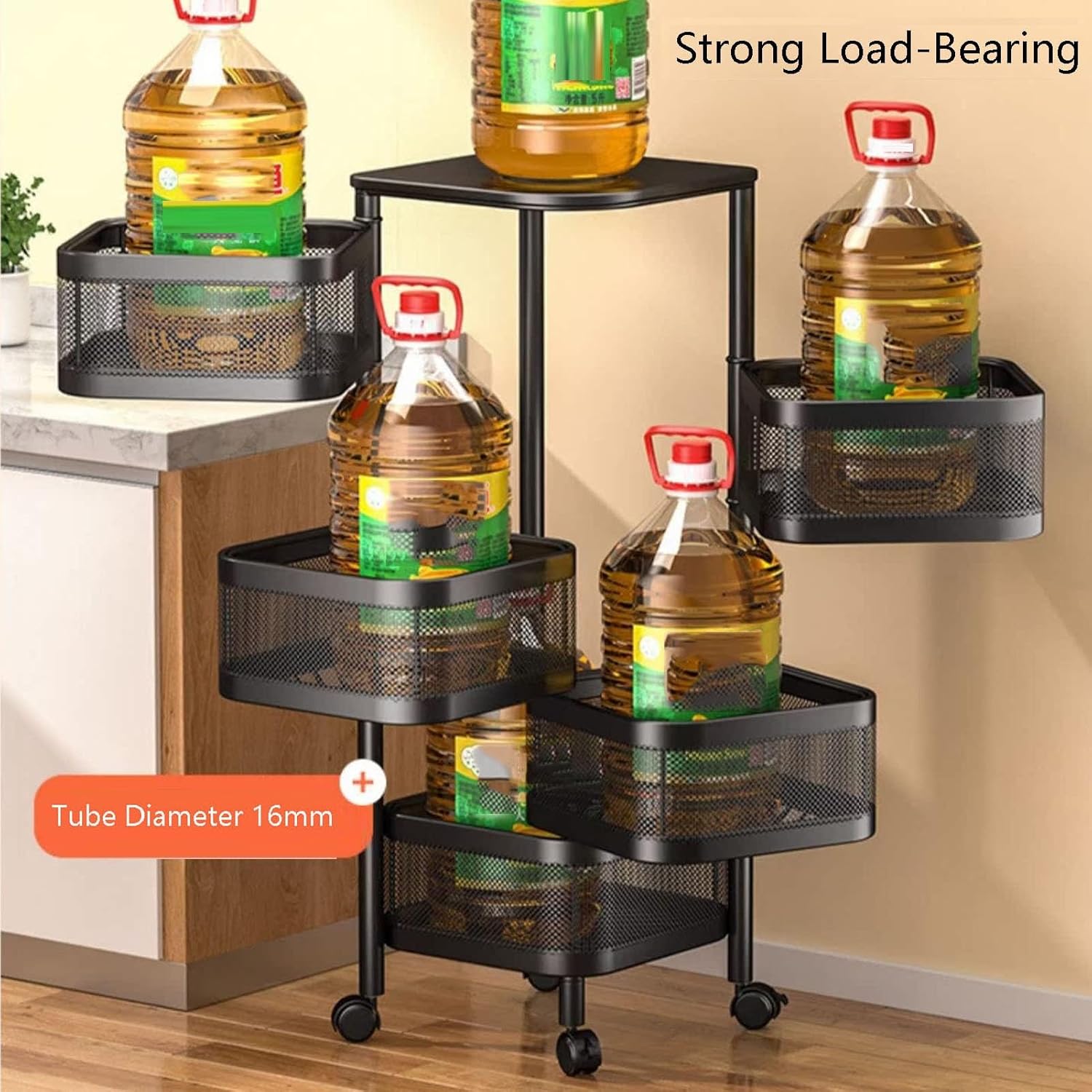 Square Rotating Fruit and Vegetable Shelf,Storage Rotating Basket,Bathroom Shelf with Wheels,Space-Saving,for Kitchen Bathroom Bedroom(Black,4 Tiers)