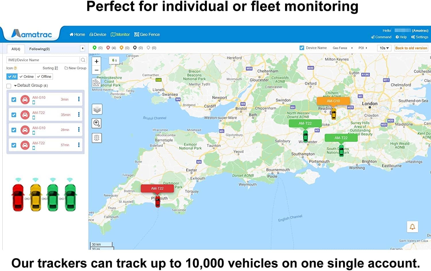 Screenshot of Amacam tracking platform showing multiple vehicle locations on a map