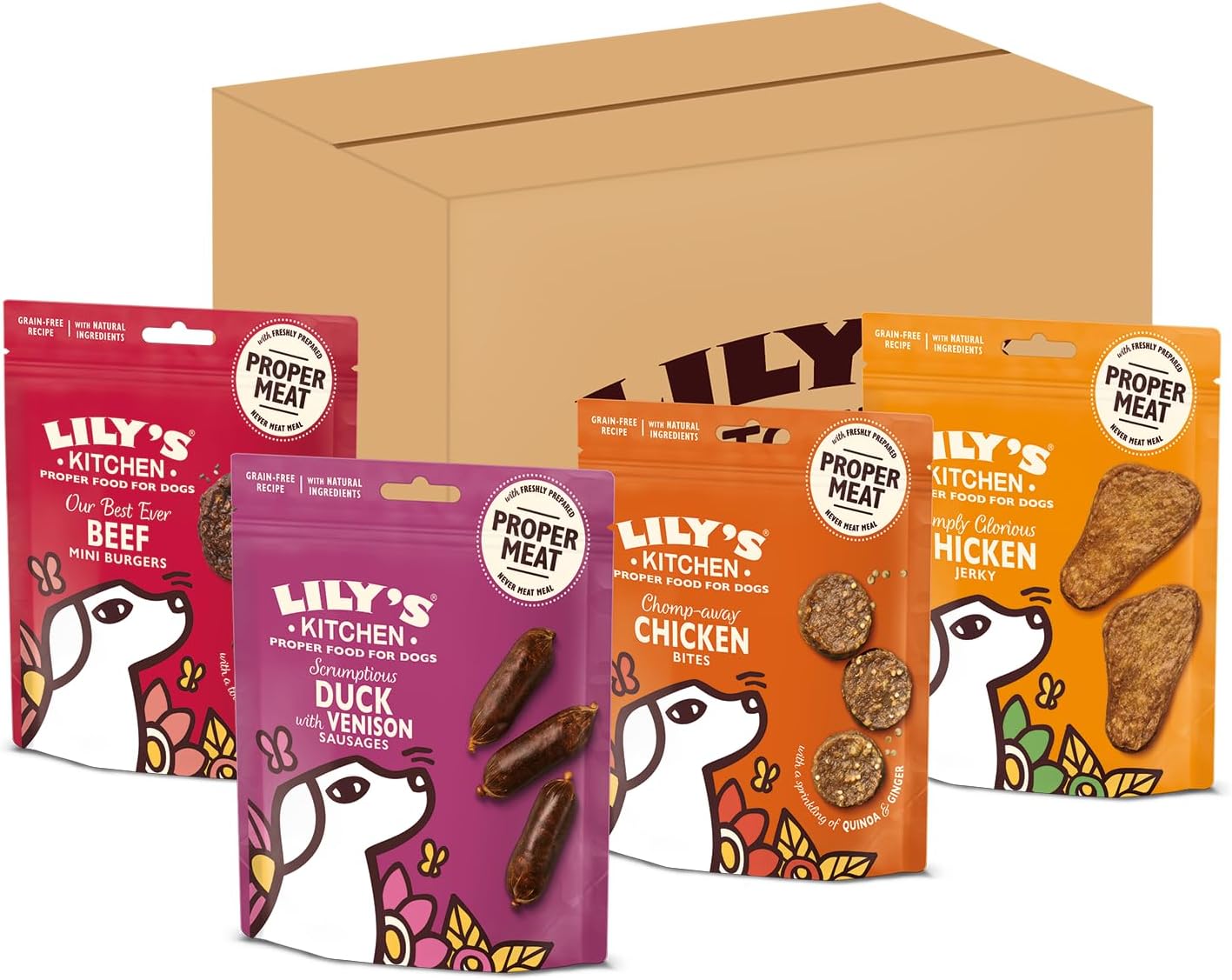 Natural Dog Treats Multipack - Beef Mini Burgers, Duck and Venison Sausages, Chicken Bites & Chicken Jerky (8 x 70 g)