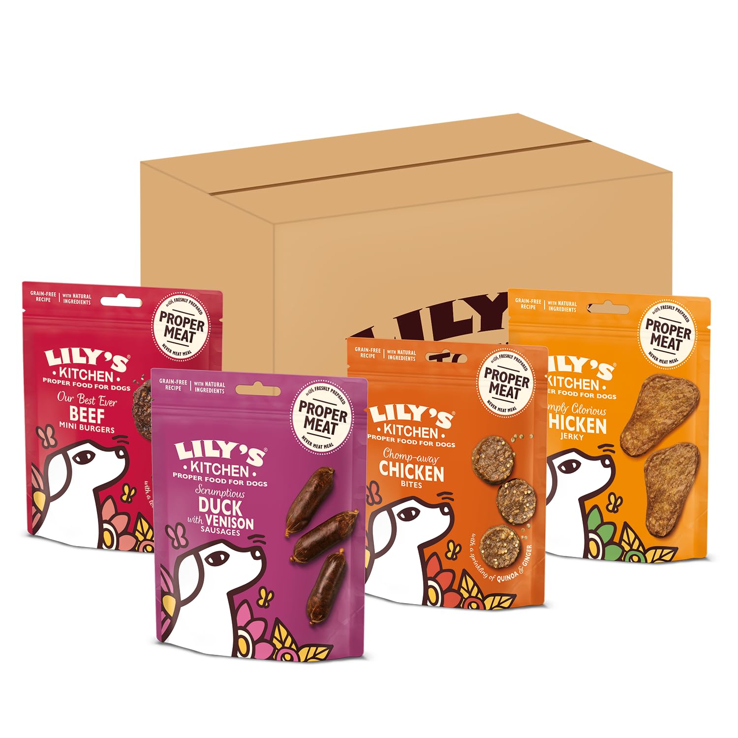 Lily's KitchenNatural Dog Treats Multipack - Beef Mini Burgers, Duck and Venison Sausages, Chicken Bites & Chicken Jerky (8 x 70 g)