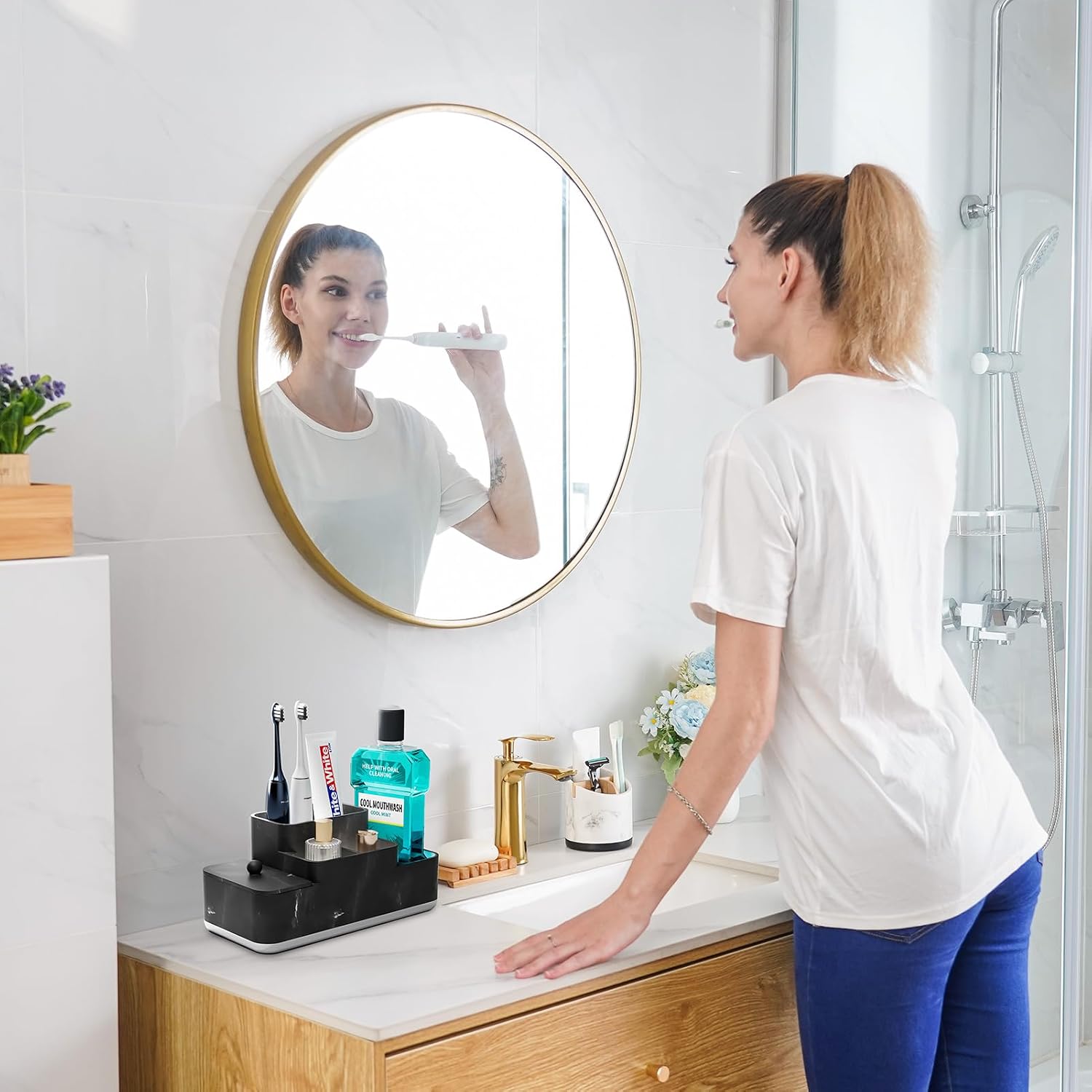VITVITI Bathroom Counter Organizer, Toothbrush Holder for Bathroom, Resin Bathroom Organizer Countertop Storage for Cotton Ball/Vanity/Toothpaste, Black Marble Look