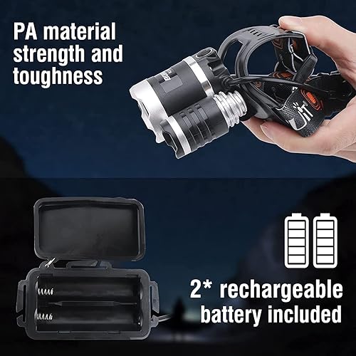 Miniatura 8 de BORUIT Linterna frontal recargable LED RJ-3000, 3 modos de luz LED blanca y roja, linterna táctica súper brillante, lámpara de cabeza de luz roja