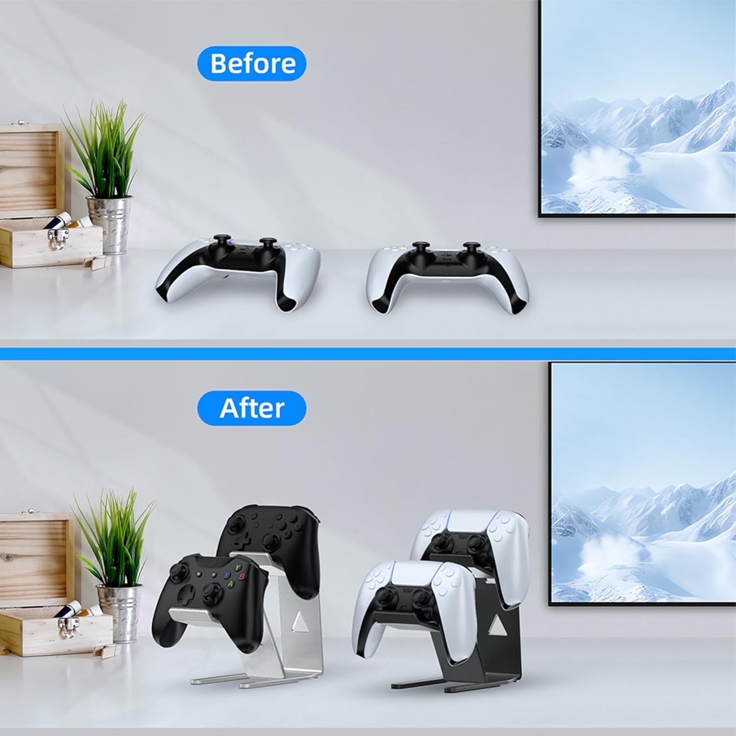 ASIEIT 2 Pcs Controller Holder, 2 Tier Universal Aluminum Display Stand for Desk Game Enthusiasts Gift Stand Compatible with Xbox Series XS, Elite 2, PS5, PS4, Switch Pro and Almost All Controller - Image 4