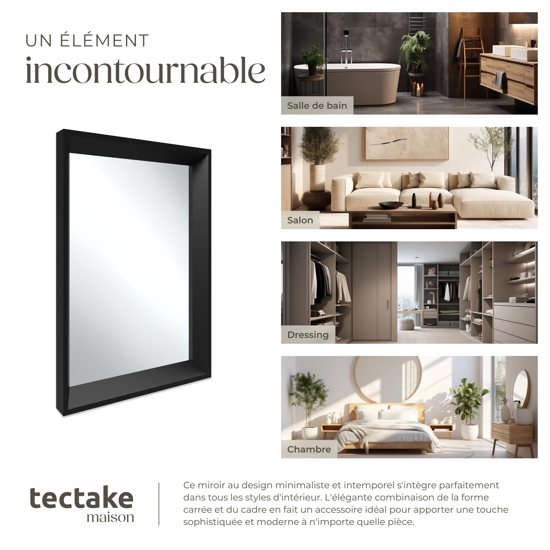 tectake® Miroir Mural rectangulaire avec Cadre Noir en Plastique 40x60cm Miroir Design Moderne Miroir Industriel pour Décoration Chambre Salon Entrée Salle de Bain Dressing Couloir Coiffeuse Maison