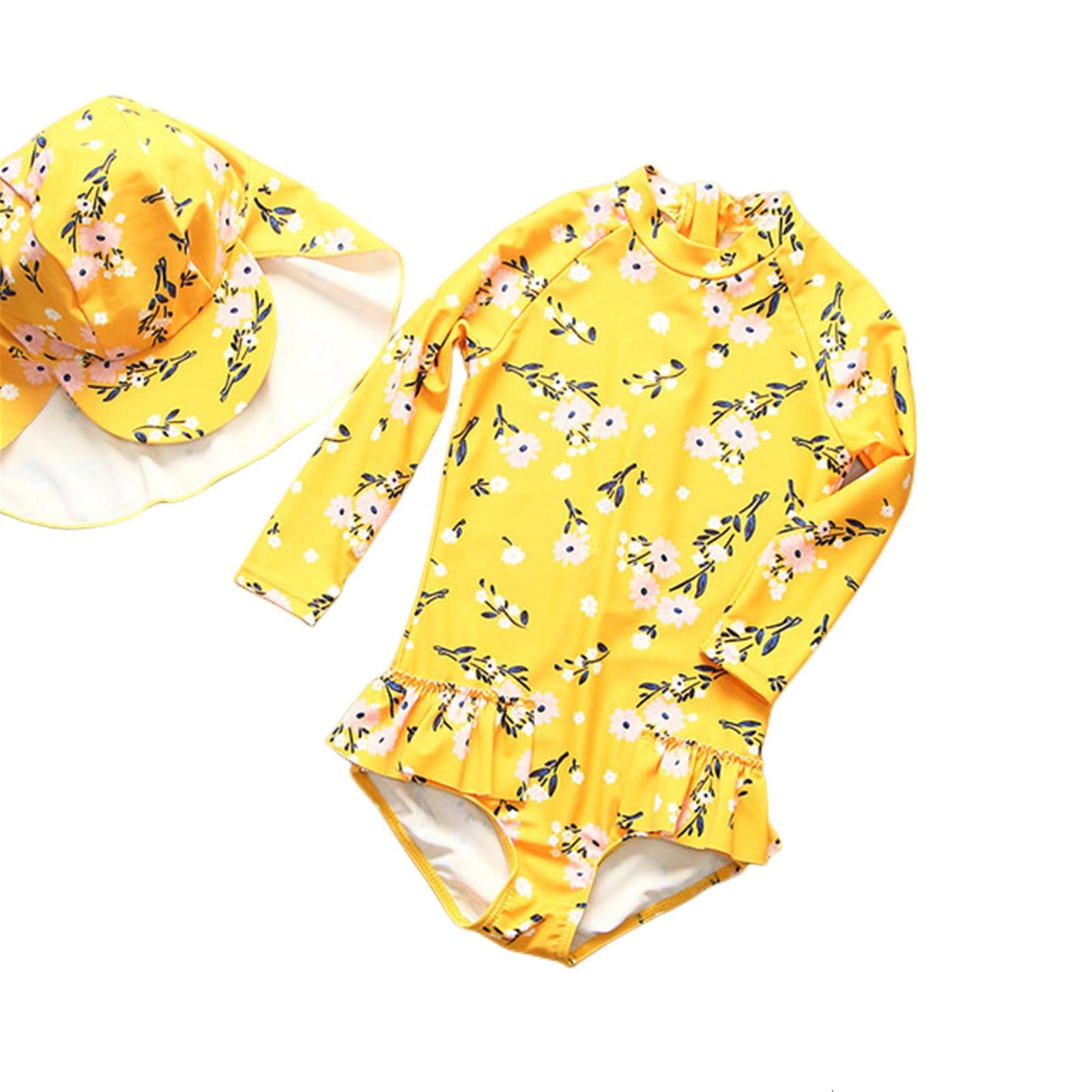 Maillot de Bain 1 Pièce Fille 1~8Y Maillot De Bain pour Les Filles Body Hat-Yellow,120 Cm(6-7 Y)