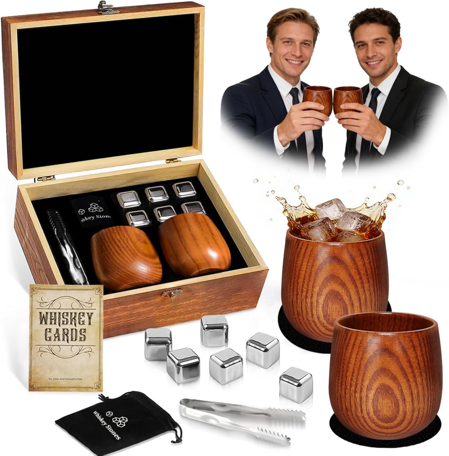 Charred Wooden Bourbon Drinking Glass: Set of 2 Handcrafted Oak Whiskey Cups with Whiskey Stones & Gift Box, Old Fashioned Glass Bourbon Tumbler for Men, Dad, Husband, Birthday & Father’s Day Gifts