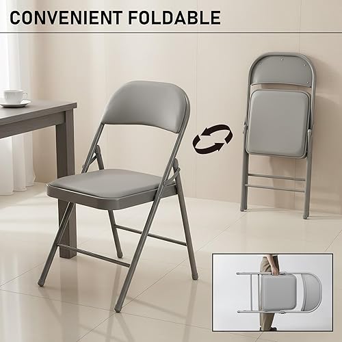 Miniatura 5 de Paquete de 4 sillas plegables grises con cojín acolchado, juego de sillas de comedor, sillas plegables apilables portátiles para interiores y