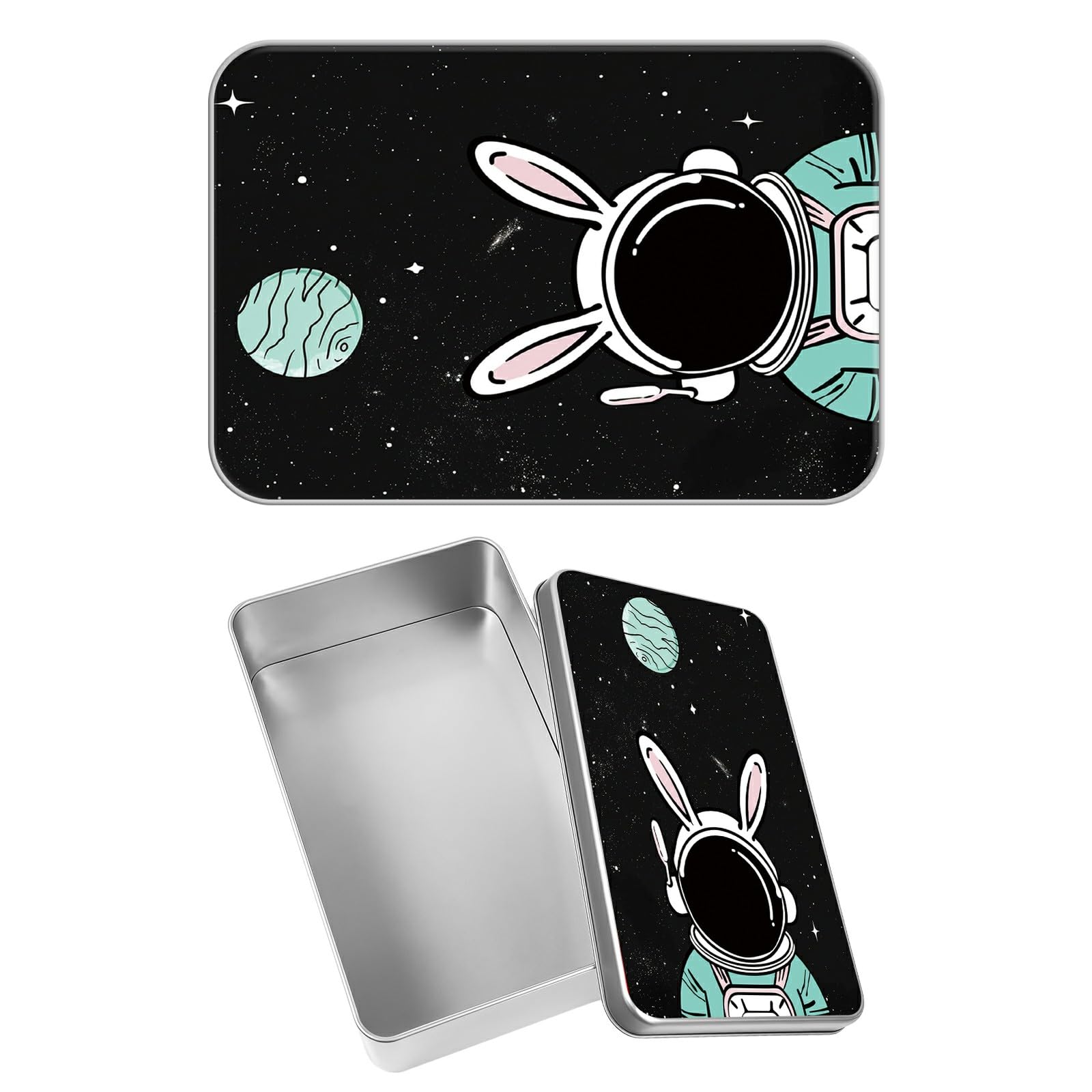 Rectangular Metal Tin Box with Removable Lid, Rabbit Astronaut Decorative Printed Metal Storage Container for Sweets Jewelry Tea Candies Cakes 7 x 4.33 x 2.17 inch– Single Pack