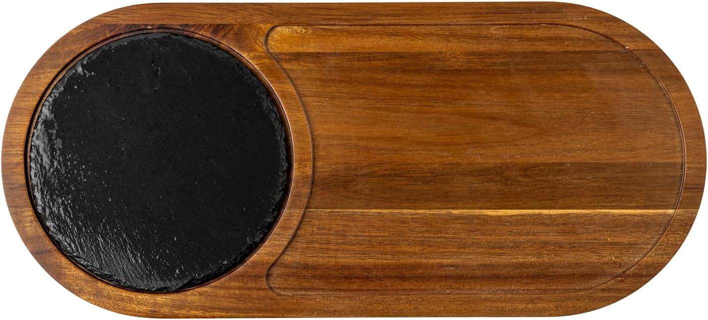 Acacia Wood and Slate Charcuterie Serving Board, 16-Inch Steak Plate and Cheese Appetizer Tray, Natural Wood and Black, for Meat, Snacks and Housewarming Gifts