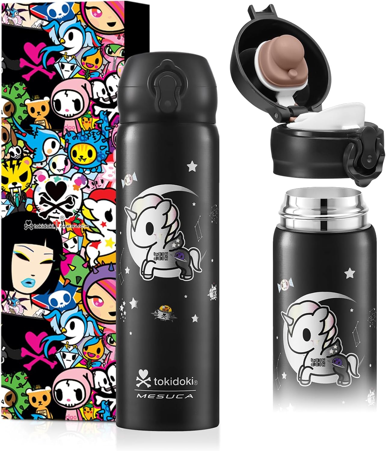Tokidoki Unicorno Bottle 17oz Insulated Stainless Steel Water Bottle Reusable Vacuum Insulated Water Bottle Tumbler with Leak Proof Flip Bottle for Travel Office Gym (space)