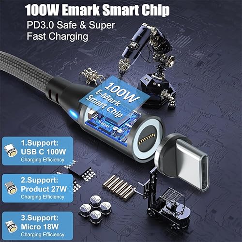 Miniatura 3 de Cable de carga magnético de carga rápida (paquete de 2 unidades de 6 pies) PD100W cargador magnético para teléfono, cable USB C, micro USB iProduct