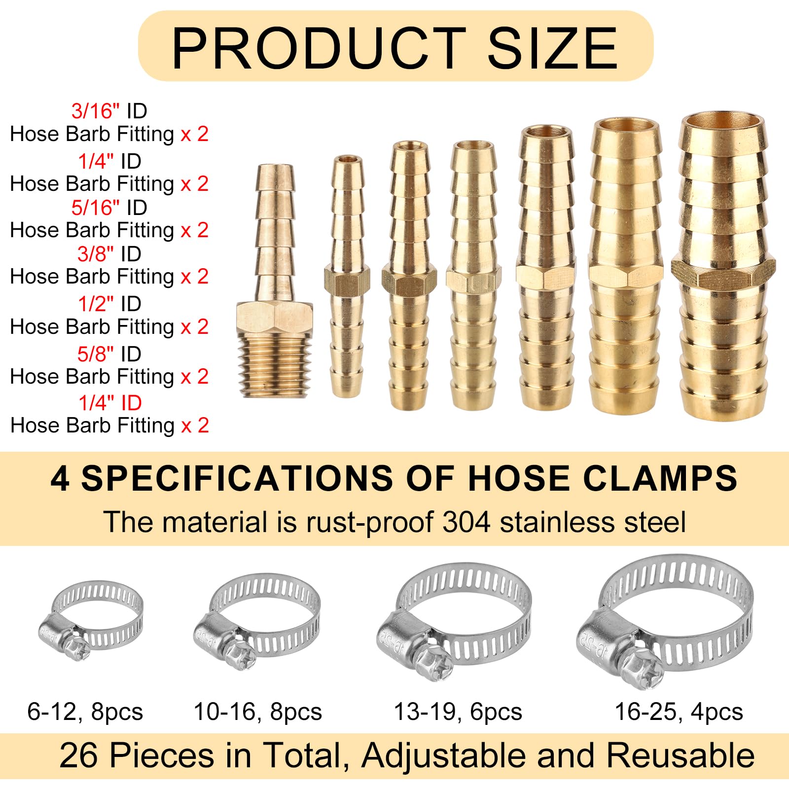 Kit 26 Raccordi In Ottone Per Tubi + 52 Fascette In Acciaio – Dimensioni 3/16” A 5/8” – Per Aria, Carburante, Acqua, Olio