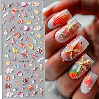 2PCS Ocean Style Nail Art Stickers 5D Embossed Seashell Starfish Nail Decals Sea Turtles Crab Summer Nail Supplies Conch Beach Sea Marine Life Manicure Sliders for Women DIY Nail Art Decorations