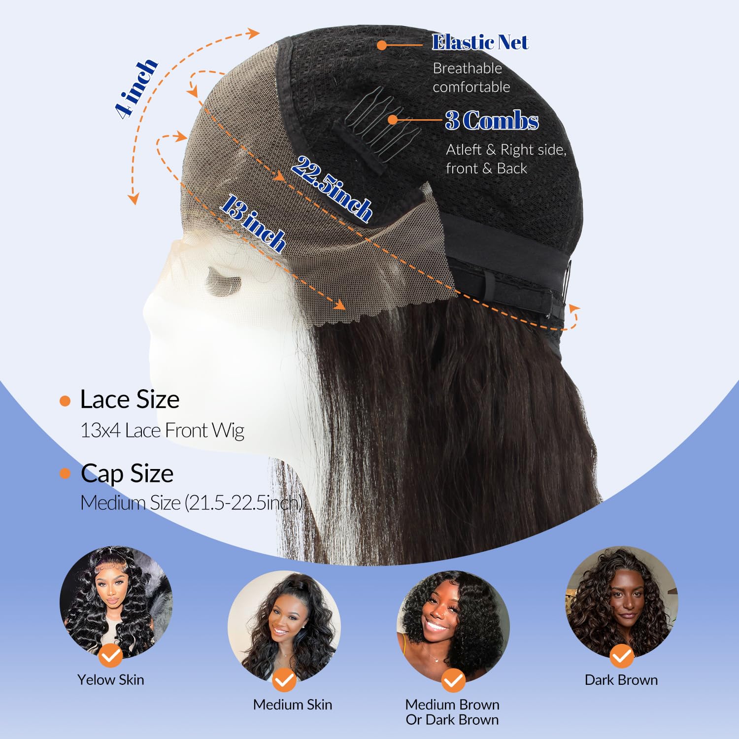 WORLDSTAR Naturwellen Perücke Echthaar,Lace Front Perücke Braun 120G