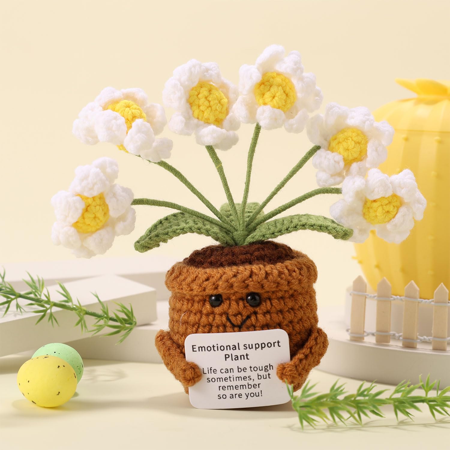 TOYMIS Crochet Daisy, Handmade Knitted Positive Support Plant Daisy Inspirational Flower Pot Doll Suitable for Balcony Living Room Bedroom Office Desk Decor - Image 4