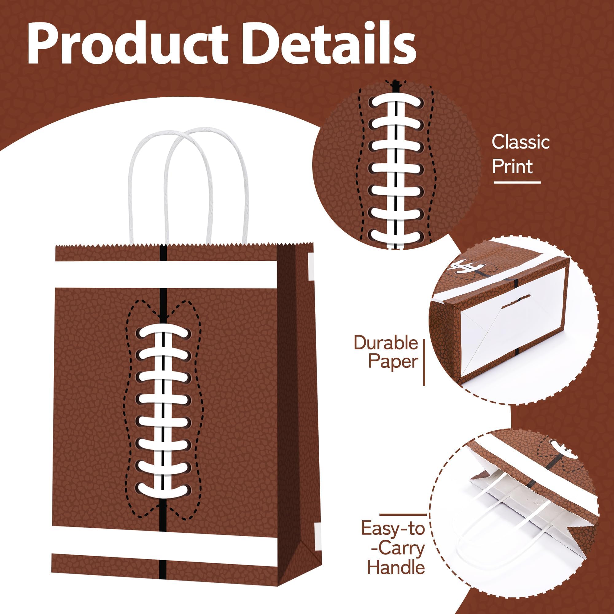 16 Pack Football Party Favor Bags with Handles Paper Treat Goodie Bags with Tissue Paper Reusable Football Theme Gift Bags for Birthday Party Supplies Sports Game Decorations