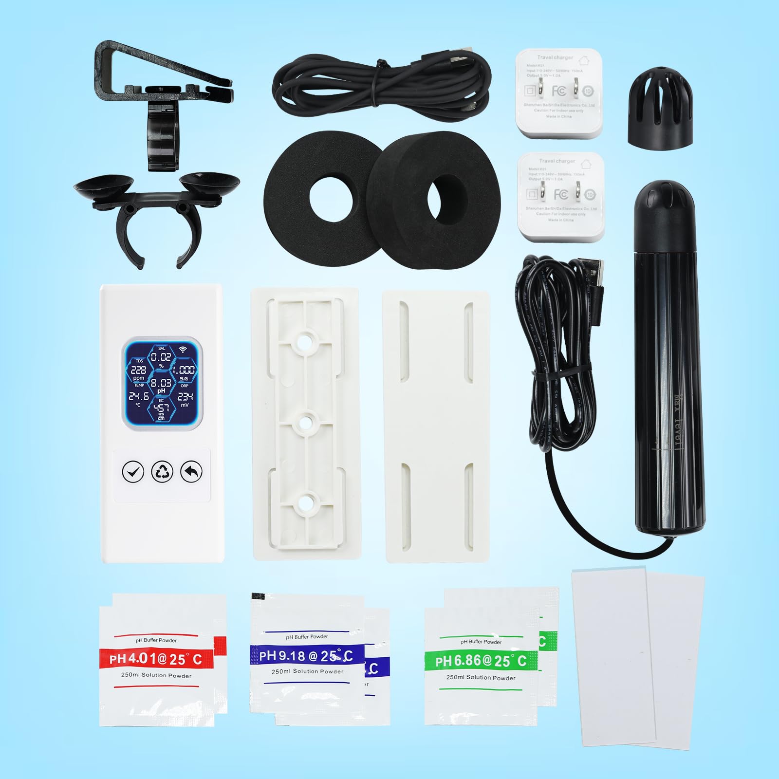 TEKCOPLUS Monitore di qualità dell'acqua 7 in 1 senza fili WiFi – pH/ORP/TDS/EC/Salinità/SG/Temp, App Tuya, avvisi in tempo reale, display a colori ATC per acquario, acqua dolce e acqua salata