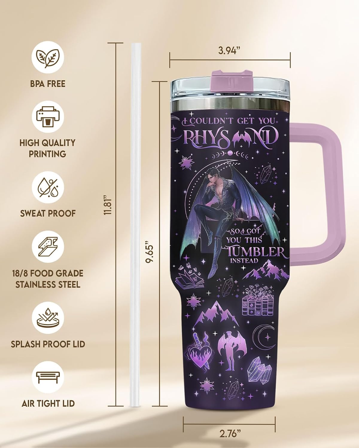 Fantasy Tumbler 40oz With Handle And Straw, Insulated Stainless Steel Bookish Travel Cup, Dark Romance Reading Water Bottle, Birthday Gift For Her Women
