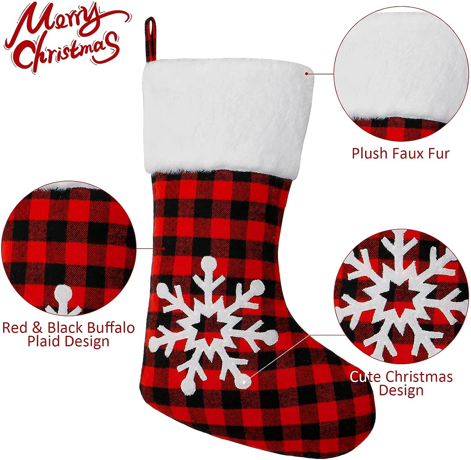 Dremisland 4 Pack Christmas Stockings 18 Inch Large Red Black Buffalo Plaid Christmas Stockings with Plush Faux Fur Cuff,Fireplace Hanging Stockings for Xmas Holiday Party Decor (Red&White)