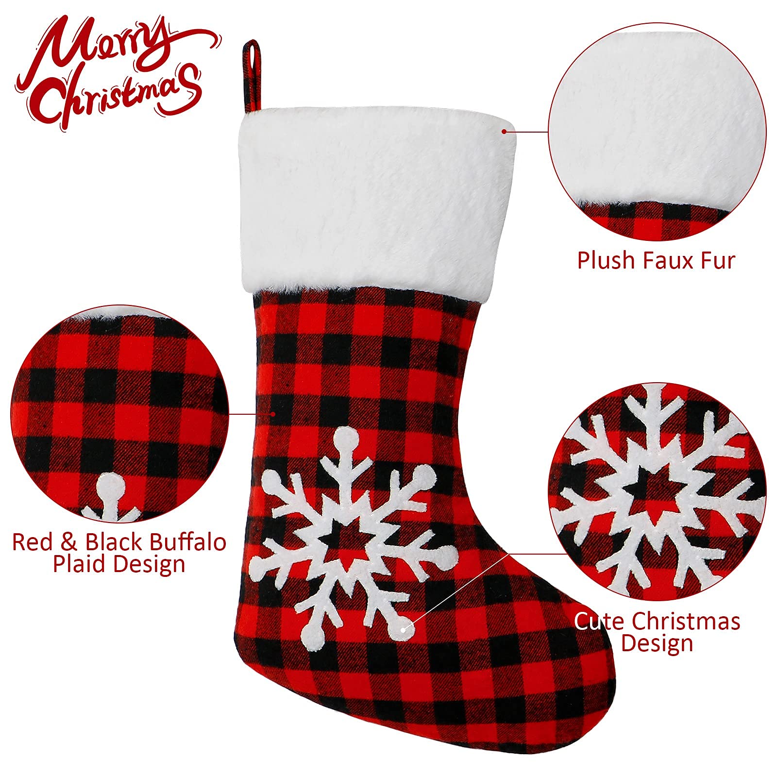 Dremisland Lot de 4 chaussettes de Noël - 45,7 cm - Motif écossais - Rouge et noir - Avec revers en fausse fourrure - À suspendre - Pour décoration de fête de Noël