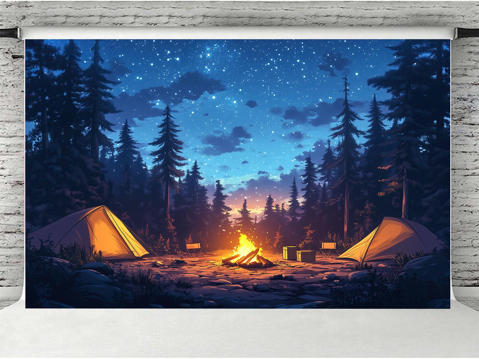 Forest Scene Backdrop 7 x 5 ft Camping Theme Campfire Tent Woodland Backdrop Adventure Banner, Kids Adults Happy Camper Background Birthday Photo