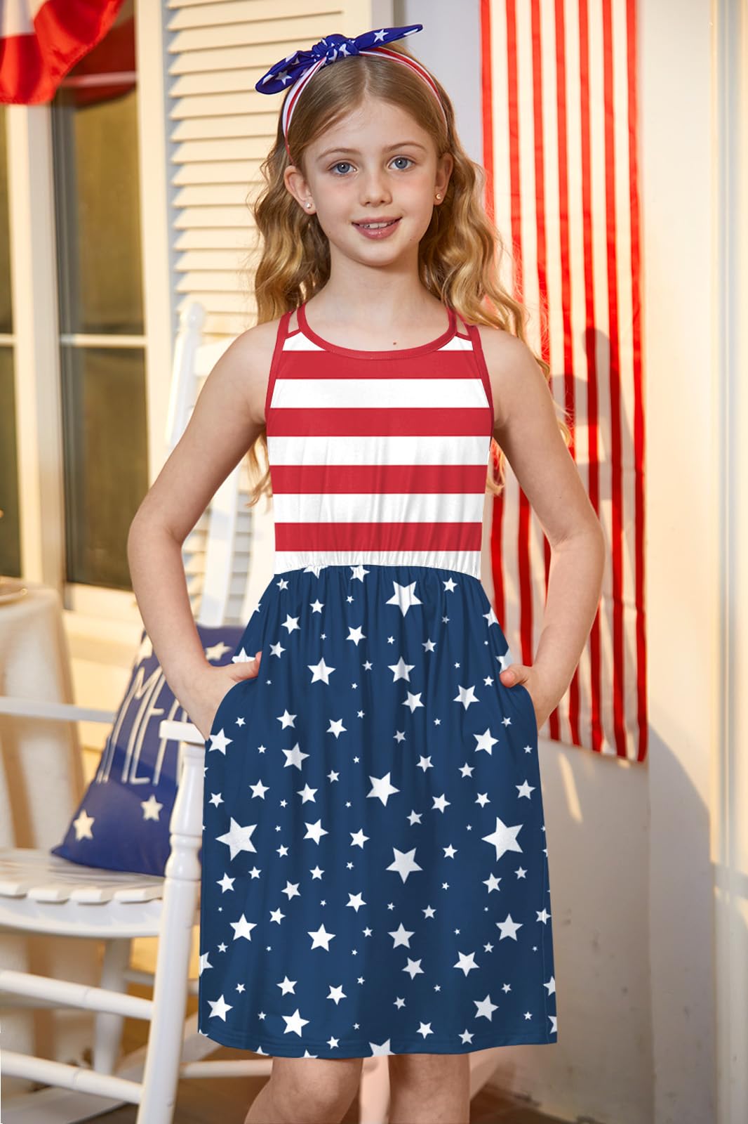 BesserBay Vestito estivo da bambina, casual, senza maniche, a incrocio, carino, plissettato, prendisole midi con tasche, 3-14 anni