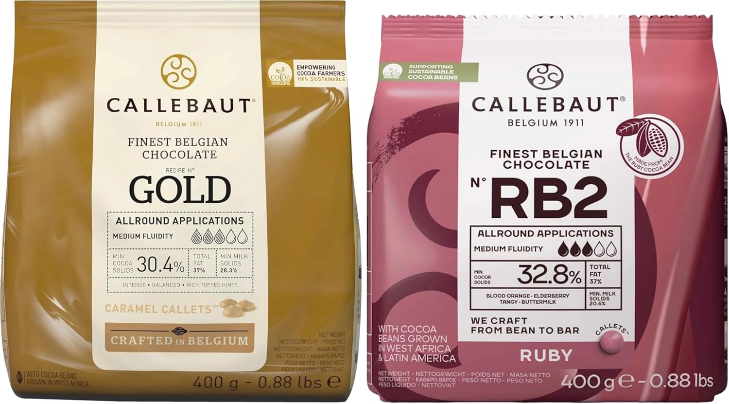 Callebaut Ruby RB2 &amp; Gold Callets Bundle – 2 x 400g | Fruity &amp; Caramel Couverture Chocolate | 32.8% &amp; 30.4%