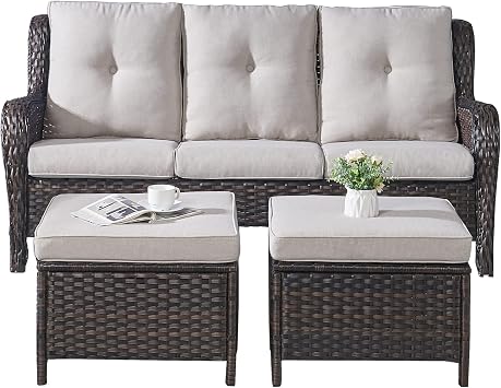 Rilyson Wicker Outdoor Patio Sofa with Ottoman, Large 3 Seater Wicker Patio Couch with 4in Replaceable Seat Cushions and Deep Seating, All Weather for Backyard, Garden, Poolside Brown/Beige