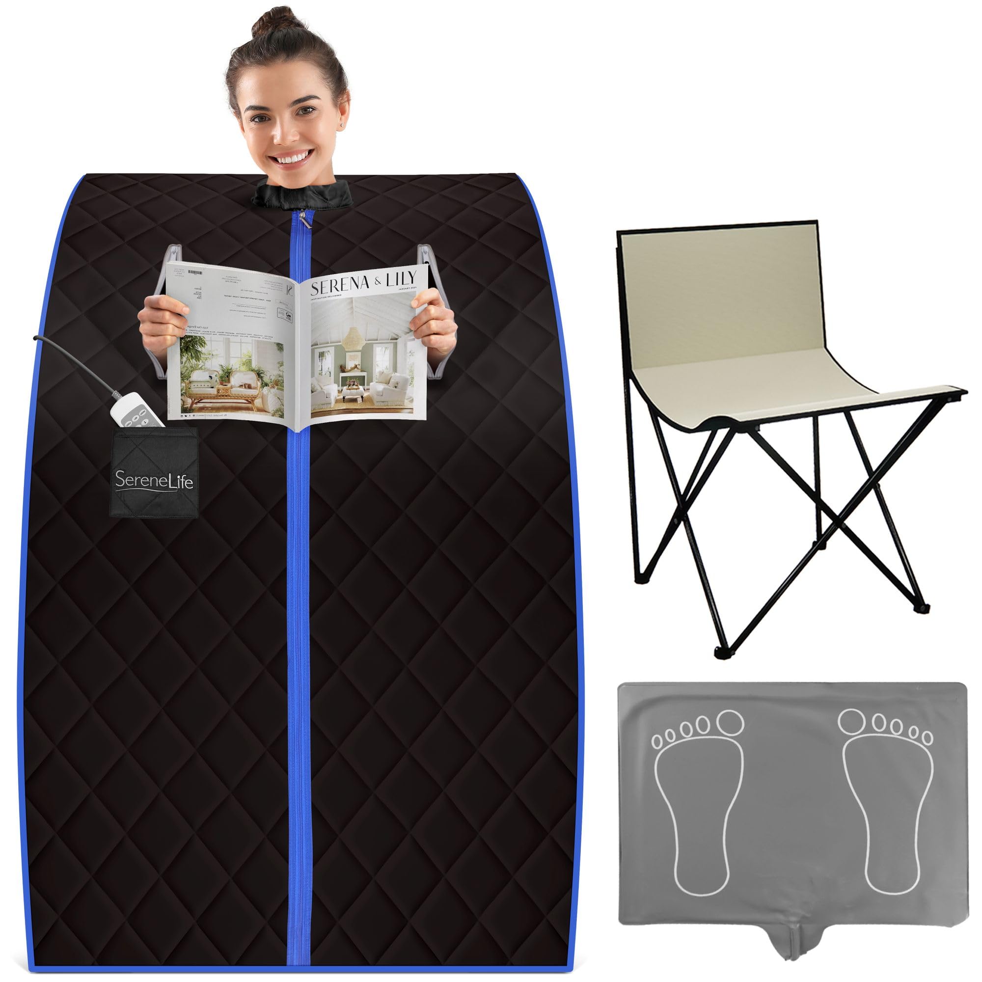 SereneLife Sauna, Sauna Portable/Infrarouge, Vapeur, Spa Maison, Perdre du Poids, Détox, Tente Chauffante Mobile, Pliable Cabine avec Coussin Chauffant pour Les Pieds et Chaise Pliante