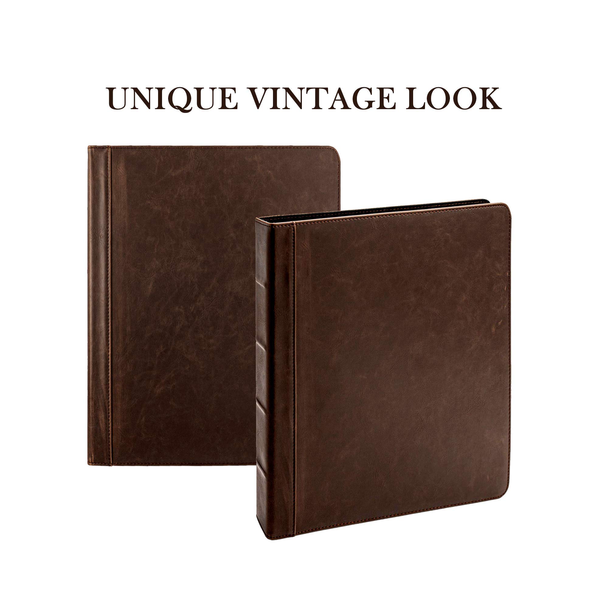 Vintage Professional 3 Ring Binder Organizer, 1-inch Round Rings, 8.5" x 11" Sheet Size, 2 Inner Pockets, 1.6" Spine, Appearance of Antique Brown Leather