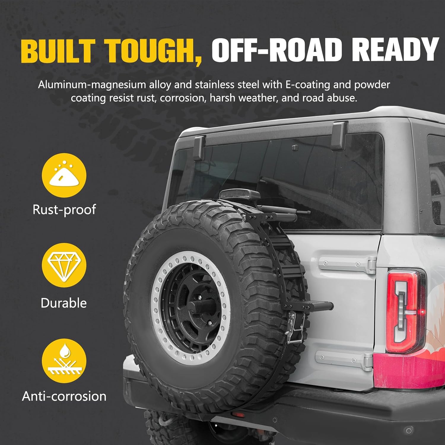 BUNKER INDUST Spare Tire Step with Ratchet Strap for 31"-40" Tires, Heavy Duty Spare Wheel Step Nonslip Ladder for Vehicle Car SUV Roof Rack Cargo Access