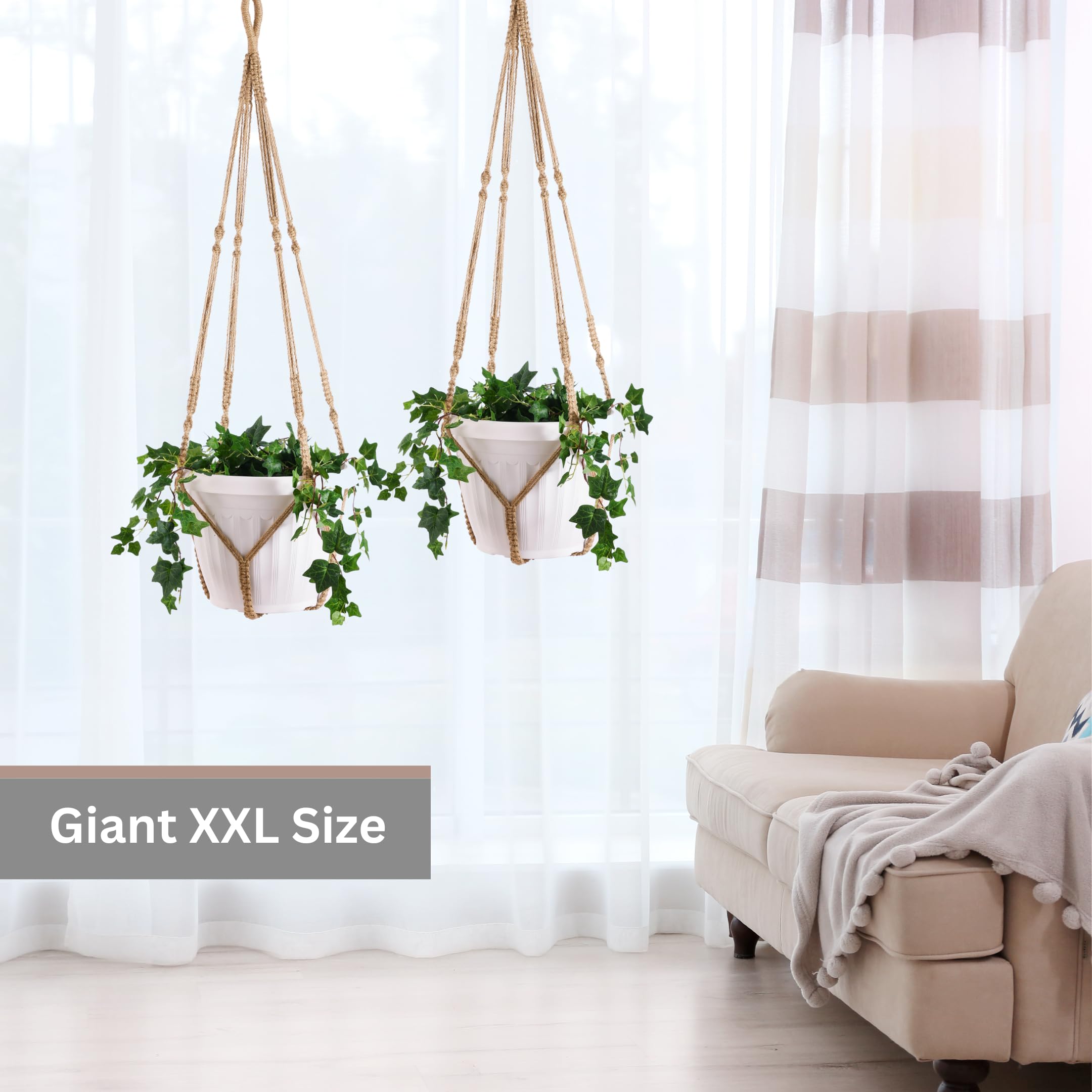Lot de 2 suspensions géantes XXL de 140 cm en macramé pour pot de 38,1 cm + crochet pour plantes d'intérieur | Pot/plante non inclus (jute XXL)